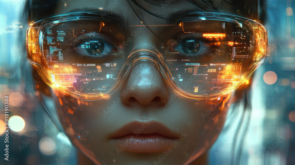 Cybernetic Vision, A close-up of an individual in high-tech glasses, surrounded by swirling digital data and glowing circuits. Their focused expression hints at deep concentration, Cybernetic Vision, A close-up of an individual in high-tech glasses, surrounded by swirling digital data and glowing circuits. Their focused expression hints at deep concentration,