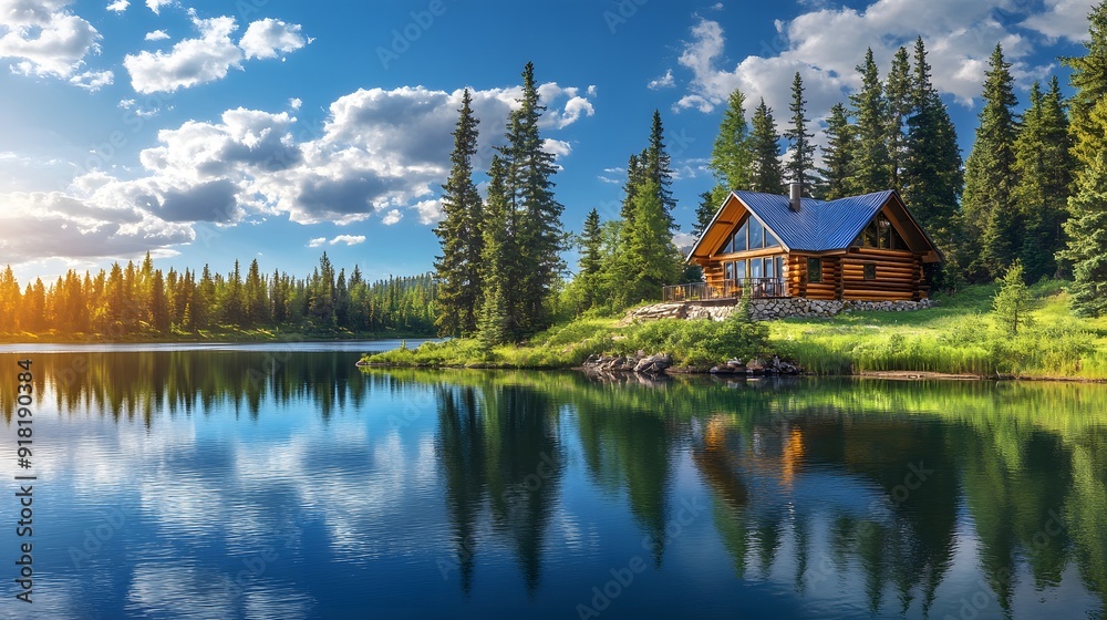 Fototapeta premium Serene lakeside cabin, bright sunny day, crystal clear water, perfect reflection, lush pine forest, vibrant green foliage, wooden log house, tranquil atmosphere, panoramic view, landscape.