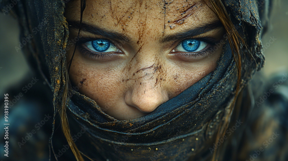 veiled face of a female fighter with blue eyes veiled face of a female fighter with blue eyes