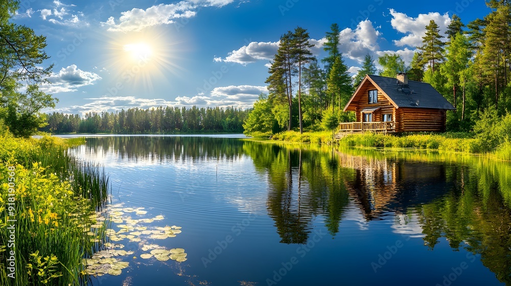 Serene lakeside cabin, bright sunny day, crystal clear water, perfect reflection, lush pine forest, vibrant green foliage, wooden log house, tranquil atmosphere, panoramic view, landscape. Serene lakeside cabin, bright sunny day, crystal clear water, perfect reflection, lush pine forest, vibrant green foliage, wooden log house, tranquil atmosphere, panoramic view, landscape.
