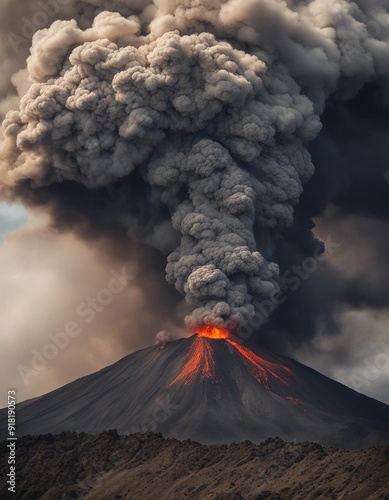  Erupting volcano with lava flow and rising smoke.