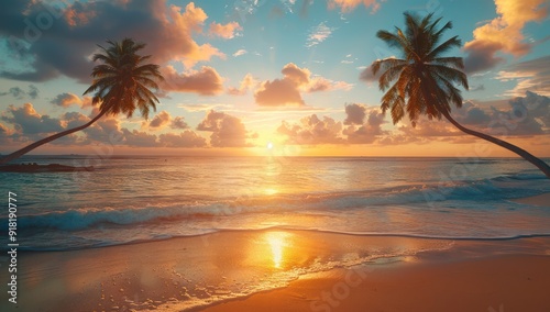 Tropical Sunset with Palm Trees and Golden Sands