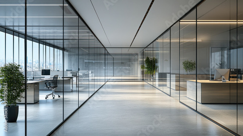 Glass partitioned   Airy and sophisticated office space  marked by glass partitions that create a fluid layout. Desks arranged with state-of-the-art equipment sit against a backdrop