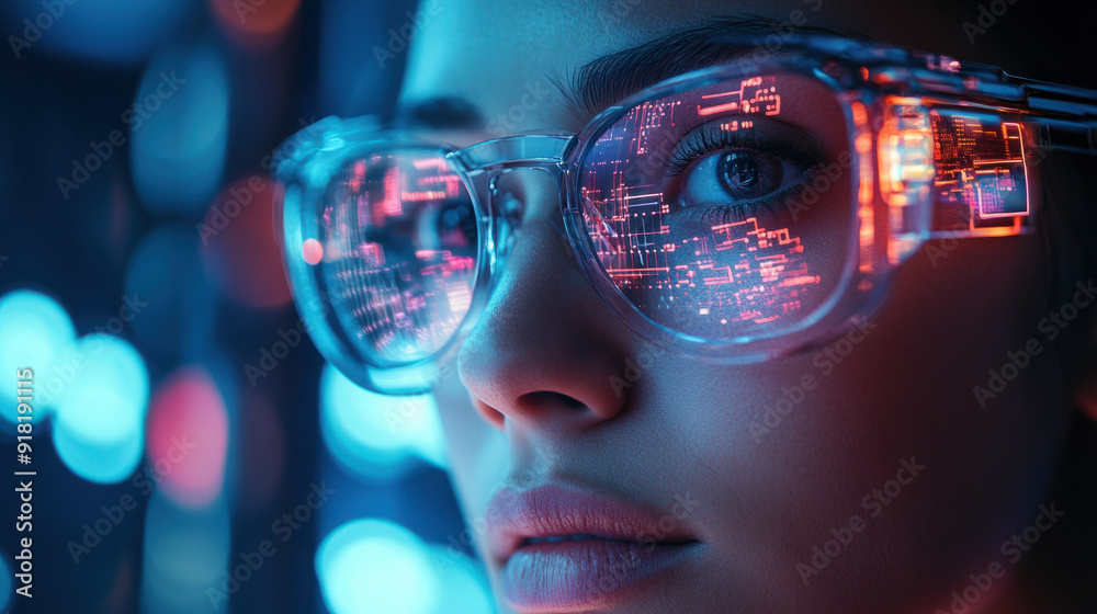 Cybernetic Vision, A close-up portrait of a tech-savvy person in innovative glasses, deeply engaged in analyzing data, with captivating digital circuits reflected in the lenses. Cybernetic Vision, A close-up portrait of a tech-savvy person in innovative glasses, deeply engaged in analyzing data, with captivating digital circuits reflected in the lenses.
