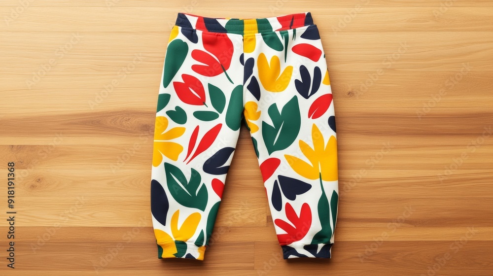 Obraz premium Top view of sweatpants with a unique graphic print along the leg, laid out flat on a wooden surface, showcasing vibrant design 