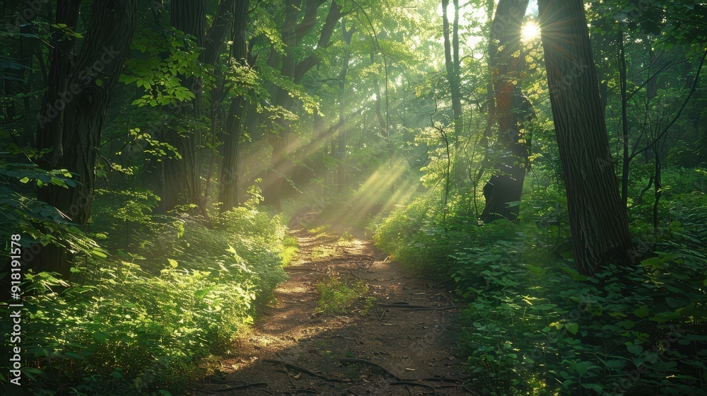 Obraz premium Sunlight Filtering Through Lush Green Forest Trees Illuminating a Serene Pathway