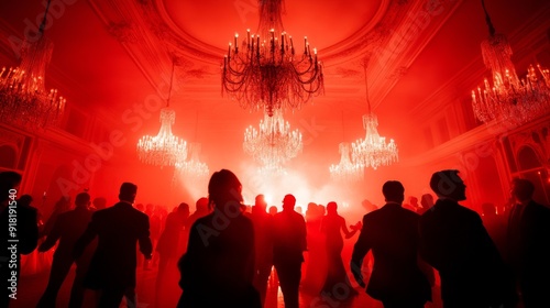 Victorian ballroom with guests in Halloween costumes dancing under chandeliers decorated with cobwebs, festive yet eerie atmosphere, wide angle 