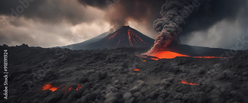  Erupting volcano with lava flow and rising smoke. photo