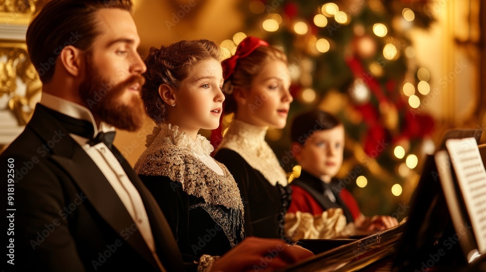 Victorian family gathered around a piano singing Auld Lang Syne, warmly lit room with festive decorations, medium shot Victorian family gathered around a piano singing Auld Lang Syne, warmly lit room with festive decorations, medium shot