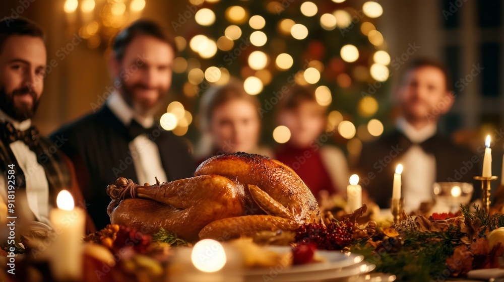 Victorian family gathered around a dining table set for Thanksgiving, with a roasted turkey, candlesticks, and autumnal decorations, warm, inviting atmosphere, wide angle Victorian family gathered around a dining table set for Thanksgiving, with a roasted turkey, candlesticks, and autumnal decorations, warm, inviting atmosphere, wide angle