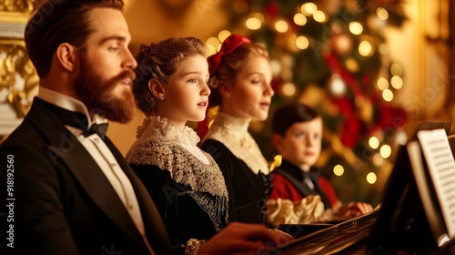 Victorian family gathered around a piano singing Auld Lang Syne, warmly lit room with festive decorations, medium shot  photo