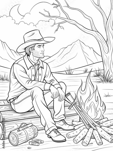 Cowboy Relaxing by Campfire Coloring Page for Kids