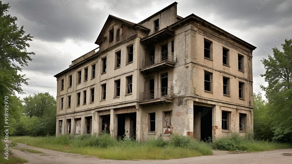 Abandoned Dilapidated Building in Overgrown Landscape - Urban Decay and Ruins Abandoned Dilapidated Building in Overgrown Landscape - Urban Decay and Ruins