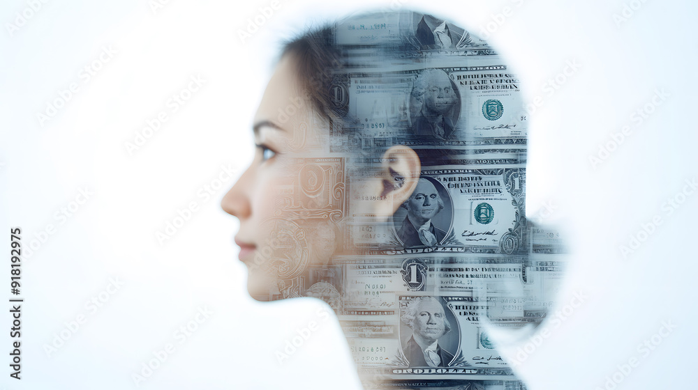 Double exposure portrait of an Asian woman with money and banknotes, financial and investment strategies. Business-themed of essence of wealth, profit, and economic growth, isolated on a background. Double exposure portrait of an Asian woman with money and banknotes, financial and investment strategies. Business-themed of essence of wealth, profit, and economic growth, isolated on a background.