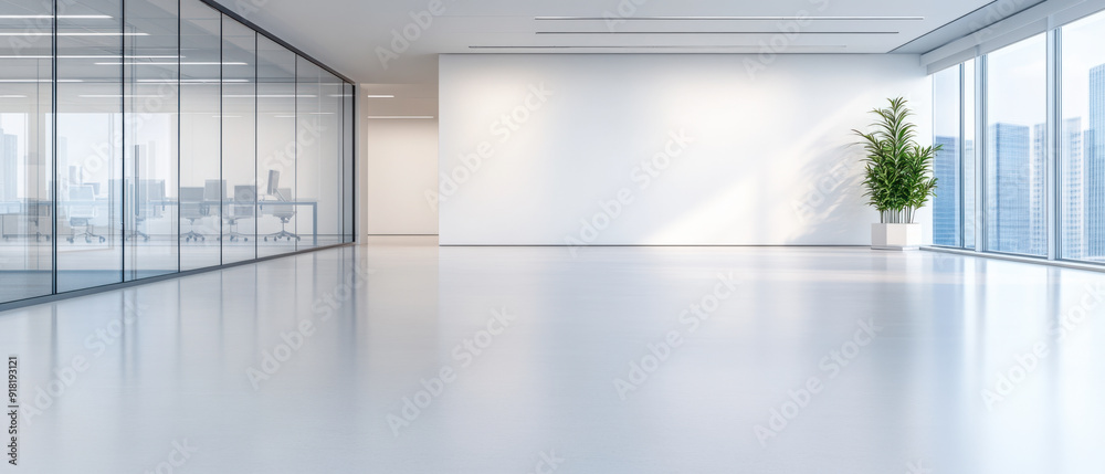Modern office, Spacious and empty modern office environment depicted with a wide angle, showcasing clean lines, glass walls, and airy spaces, all designed for a professional work Modern office, Spacious and empty modern office environment depicted with a wide angle, showcasing clean lines, glass walls, and airy spaces, all designed for a professional work