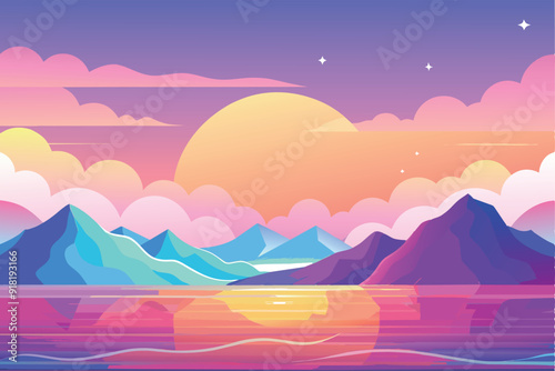 Colorful landscape of mountains, sea, palm trees and sunset. Pastel color vector illustration for summer design.