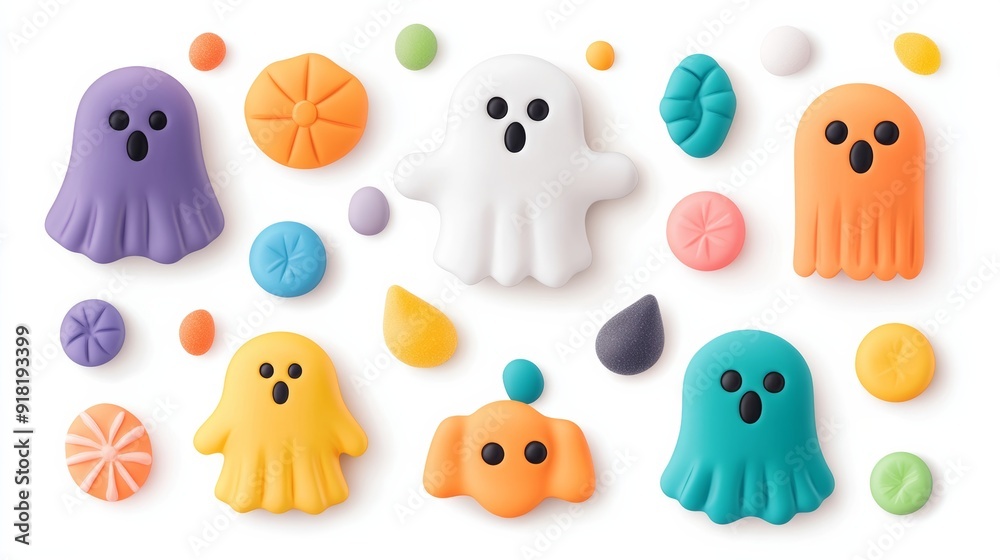 Whimsical Halloween package design for cookies, featuring friendly ghosts and colorful candies, bright and cheerful colors, isolated on a white background Whimsical Halloween package design for cookies, featuring friendly ghosts and colorful candies, bright and cheerful colors, isolated on a white background