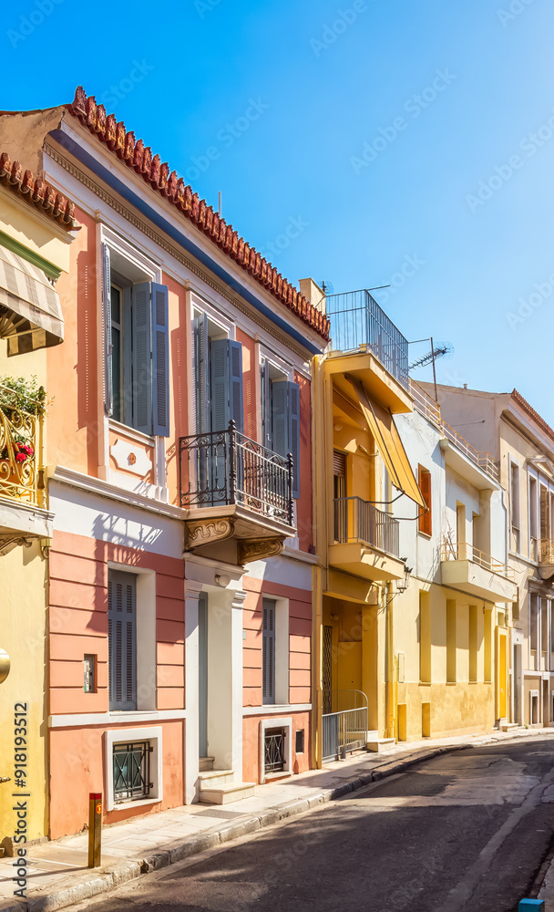 Obraz premium Plaka, Historical neighborhood in Athens, Greece. Residential Homes in a colorful street