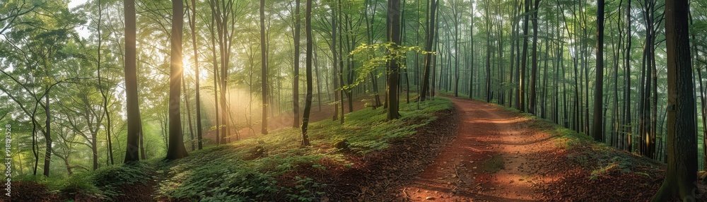 Obraz premium Serene Forest Pathway with Sunlight Filtering Through Trees in a Lush Green Forest
