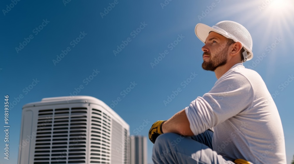 Wide angle of repairman repairing a large air conditioning unit on a rooftop, urban skyline in the background, sunny day Wide angle of repairman repairing a large air conditioning unit on a rooftop, urban skyline in the background, sunny day