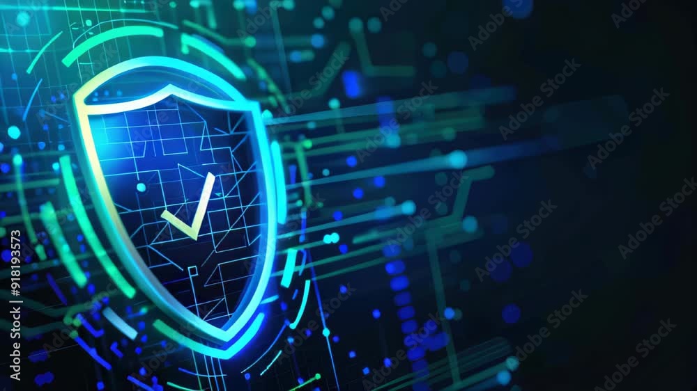 Neon blue and green hues highlighting a cybersecurity verification icon with shield and checkmark on a digital background. Verified credentials