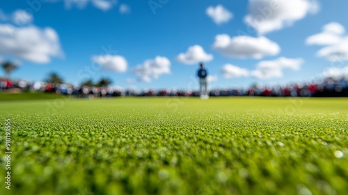 Wide angle of the final hole in a golf cup competition, golfer preparing to putt, audience and camera crews surrounding 