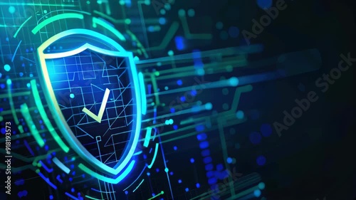 Neon blue and green hues highlighting a cybersecurity verification icon with shield and checkmark on a digital background. Verified credentials
