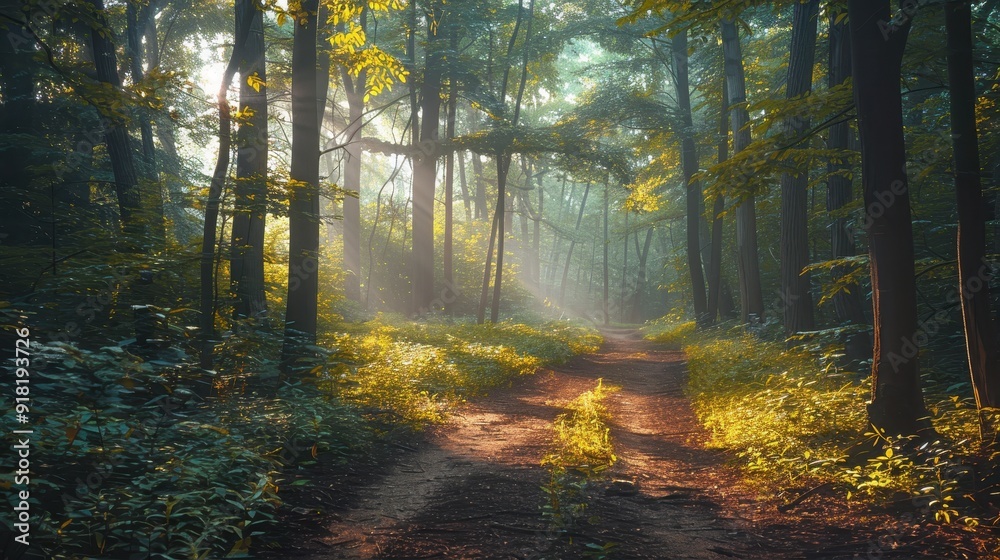 Fototapeta premium Sunlit Forest Path with Morning Mist and Lush Greenery in a Serene Woodland Setting