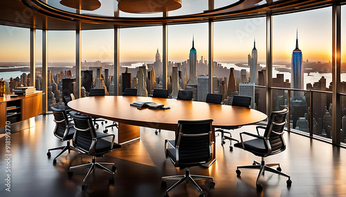 Innenansicht Büro Konferenzraum leer mit Besprechung Tisch und Stühlen große Glasfassade Fensterfront mit Blick auf urbane Büro Hochhäuser einer Großstadt, wie New York