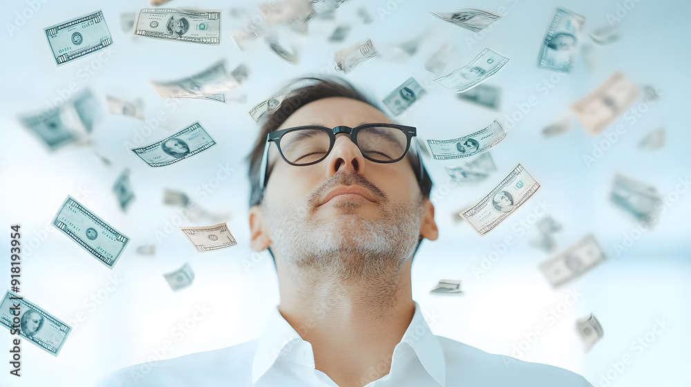 A man wearing glasses and surrounded by a lot of banknotes, financial success, wealth, and business acumen. ธhe pursuit of money and the strategic mindset of a mercenary entrepreneur.