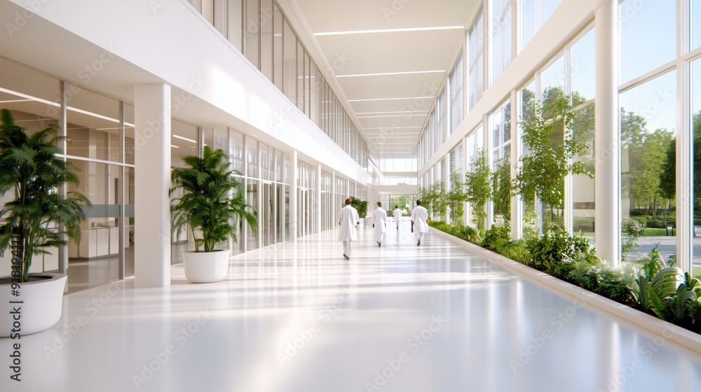 Wide angle shot of a campus science building with futuristic design, students in lab coats walking in and out, energetic vibe Wide angle shot of a campus science building with futuristic design, students in lab coats walking in and out, energetic vibe