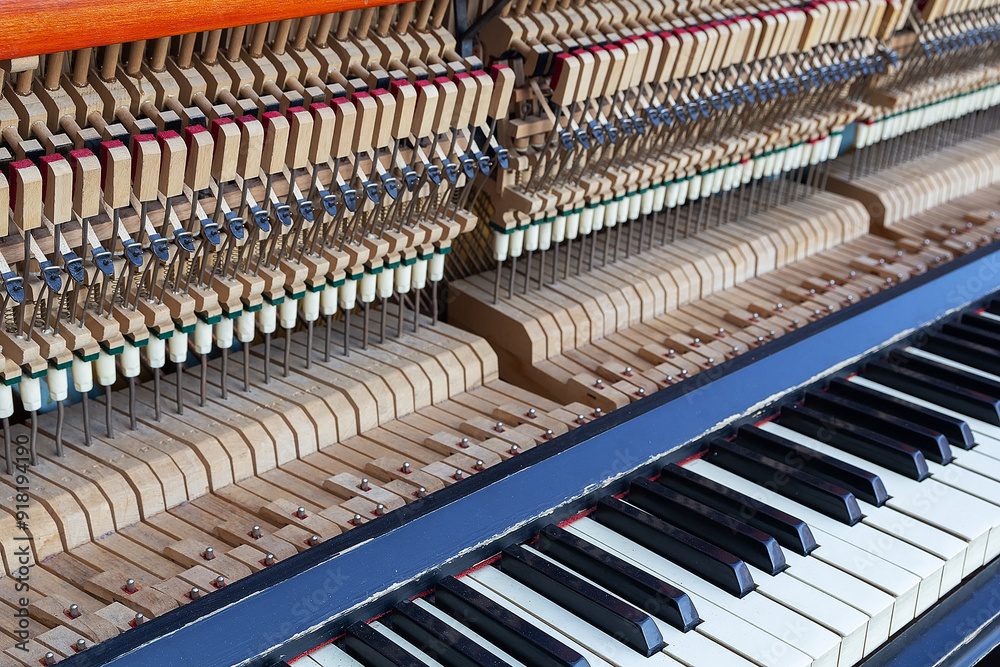 Inside a piano with keys, strings, pins and hammers Inside a piano with keys, strings, pins and hammers