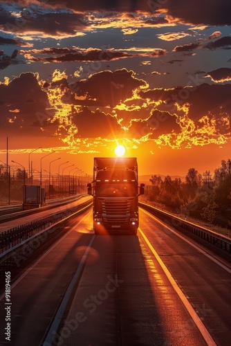 Stunning Sunset Over Highway with Truck Silhouette - Dramatic Sky and Golden Light