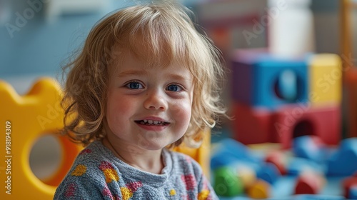 A young child is smiling and looking at the camera