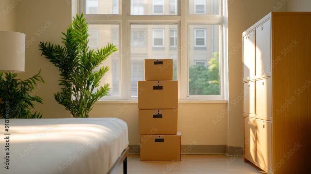Wide angle shot of a dorm room with labeled boxes and secure storage solutions, emphasizing organized and insured space Wide angle shot of a dorm room with labeled boxes and secure storage solutions, emphasizing organized and insured space