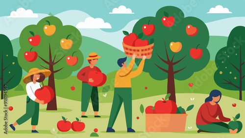 Apple Harvest: Vibrant Orchard Scene with People Picking Red Apples