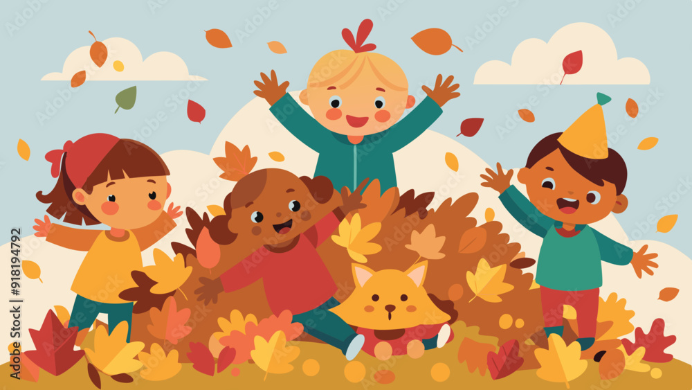 Naklejka premium Colorful Leaf Pile: Children and pets playing in a large pile of colorful autumn leaves.