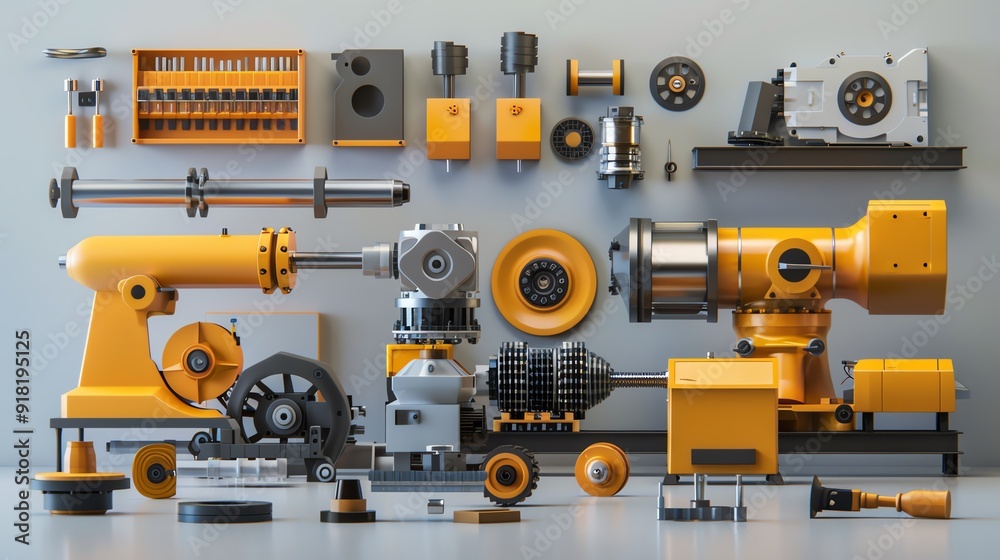Light industrial equipment, 3D render, various machinery Light industrial equipment, 3D render, various machinery