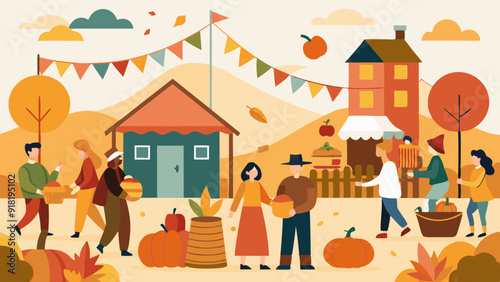 Lively Harvest Festival with Stalls, Hay Bales, and Pumpkins - A Joyful Seasonal Celebration