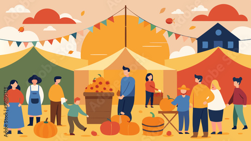 Lively Harvest Festival with Stalls, Hay Bales, and Pumpkins - A Joyful Seasonal Celebration