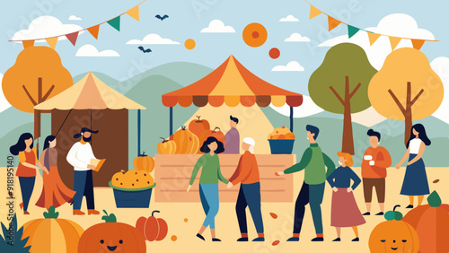 Lively Harvest Festival with Stalls, Hay Bales, and Pumpkins - A Joyful Seasonal Celebration