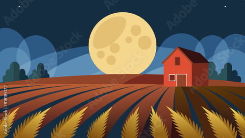 Harvest Moon: A full moon rising over a field of harvested crops or a rustic barn.
