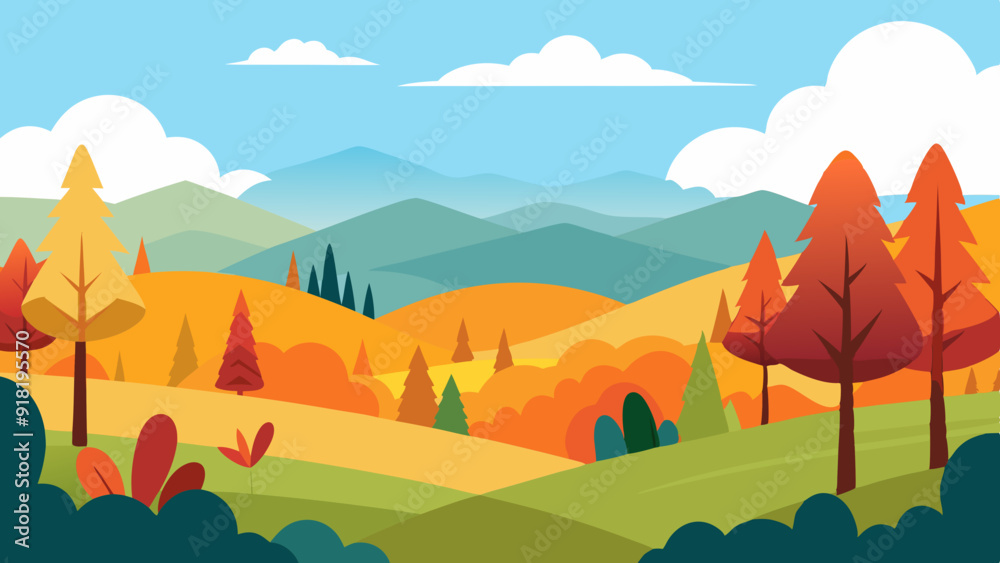 Obraz premium Scenic Fall Landscape: A panoramic view of a landscape with trees showcasing peak autumn colors. 