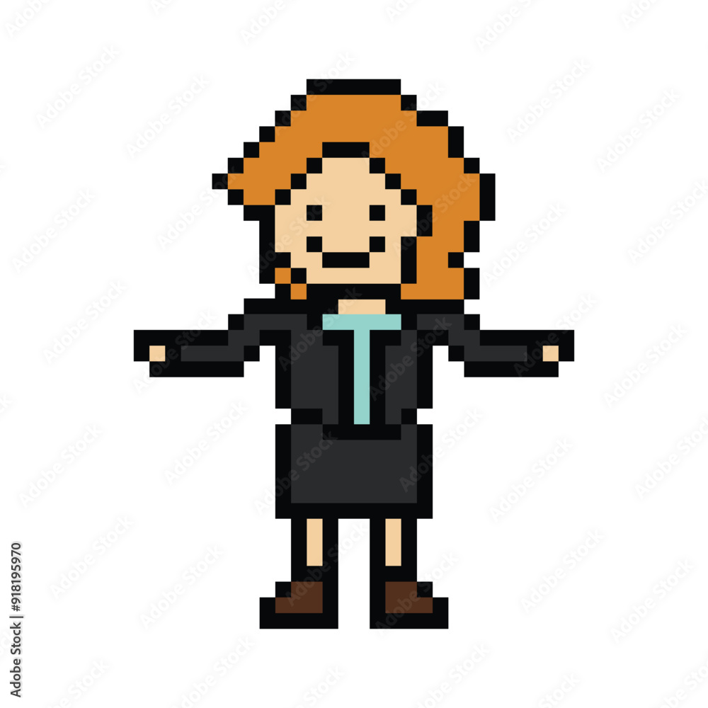 Fototapeta premium Cute pixel cartoon 8bit character business woman businesswoman smart work life office game isolated for decoration business 8 bit female career smart character game PNG vector.