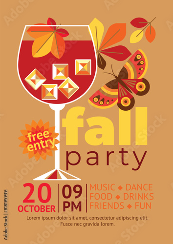 Beautiful elegant flyer template for a leaf fall party with a glass of wine, leaves and a butterfly. Autumn background with cocktail, leaves and butterfly. Invitation, banner, poster.