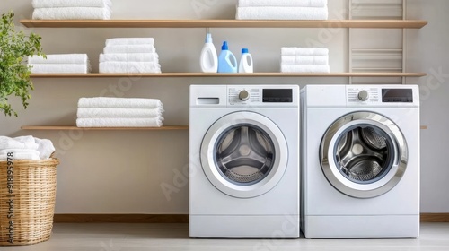 Wallpaper Mural Wide angle shot of a laundry room with a washing machine and dryer set, organized shelves with detergent and cleaning supplies, creating a clean and functional space  Torontodigital.ca