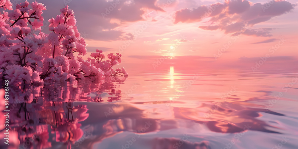 A pink flowers and sunset is reflected in the water A pink flowers and sunset is reflected in the water