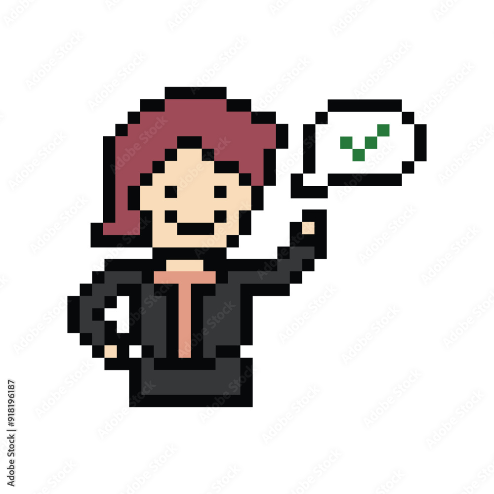 Fototapeta premium Cute pixel cartoon 8bit character business woman businesswoman smart work life office game isolated for decoration business 8 bit female career smart character game PNG vector.