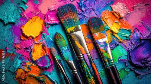 A top view of paintbrushes dipped in vibrant colors scattered across a multicolored canvas, showcasing artistic creativity.