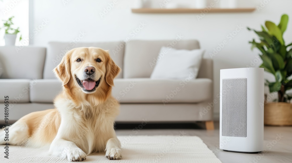 Wide angle shot of a pet-friendly living room with an air purifier running, showcasing clean air and playful pets, vibrant and fresh atmosphere Wide angle shot of a pet-friendly living room with an air purifier running, showcasing clean air and playful pets, vibrant and fresh atmosphere